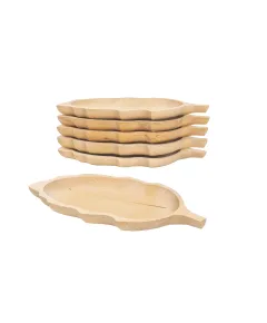 Set 6 farfurii din lemn de fag, forma frunza, 34x18cm / EXT 6179