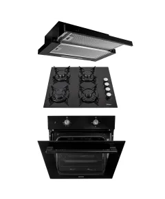 Pachet Cuptor incorporabil (1857), capacitate 51L, electric, plita incorporabila (0058), gaz butelie sau gaz natural (duze de schimb incluse), 59×51 cm, aprindere electrica, sticla, hota incorporabila telescopica 2 motoare 3680, 2 x 95w / SET 30123