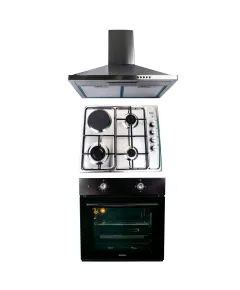 Pachet cuptor incorporabil (1857), capacitate 51l, electric, negru, plita incorporabila inox (1918), 60x50x6 cm, gaz butelie sau gaz natural (duze de schimb incluse), hota incorporabila decorativa inox, 63 cm (1925) / SET 30027