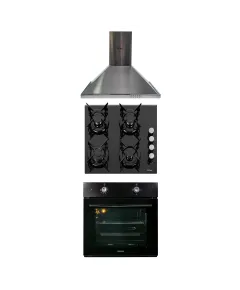 Pachet cuptor incorporabil 1857, capacitate 51L, electric, negru, plita incorporabila sticla, 65x60x15 cm, gaz butelie sau gaz natural, duze de schimb incluse, aprindere electrica 0058, hota incorporabila decorativa inox, 63 cm 1925 / SET 30048