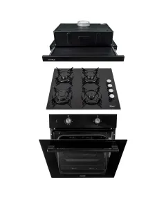 Pachet cuptor incorporabil (1857), capacitate 51L, electric, negru, plita incorporabila (0058), gaz butelie sau gaz natural (duze de schimb incluse), 59x51 cm, aprindere electrica, sticla neagra, hota 1 motor, putere 140W (1895), 60X50 cm / SET 30063