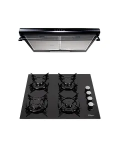 Pachet plita incorporabila (0058), gaz butelie sau gaz natural (duze de schimb incluse), 59x51 cm, aprindere electrica, sticla neagra si hota perete 2 motoare (6201), 2 x 95w / SET 30005