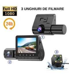 Camera Auto De Bord DVR, Full HD 1080P, 3 Lentile, Camp Vizual Ultra-Larg De 170°, LCD Display 2,4"HD, Camera 5 MP, Night Vision, Inregistrare Tripla, Loop Recording, G-sensor, Detectare Miscare, Negru