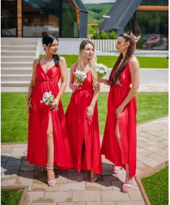 Rochie versatila domnisoare de onoare, din satin + batista CADOU, Rosu (Universala (S-L))