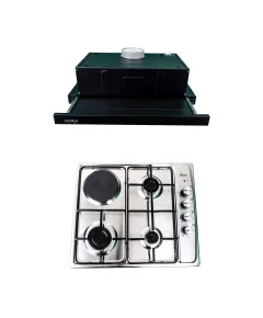 Pachet plita incorporabila inox (1918), 60x50x6 cm, gaz butelie sau gaz natural (duze de schimb incluse), hota 1 motor, putere 140W (1895), 60X50 / SET 30031