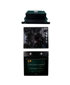 Pachet cuptor incorporabil (1857), capacitate 51L, electric, negru, plita incorporabila  (1864), 60x50x6cm, gaz butelie sau gaz natural(duze de schimb incluse), hota 1 motor, putere 140W (1895), 60X50 cm / SET 30021