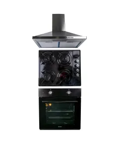 Pachet cuptor incorporabil (1857), capacitate 51L, electric, negru, plita incorporabila (1864), 60x50x6 cm, gaz butelie sau gaz natural (duze de schimb incluse), hota incorporabila decorativa inox, 63 cm (1925) / SET 30029
